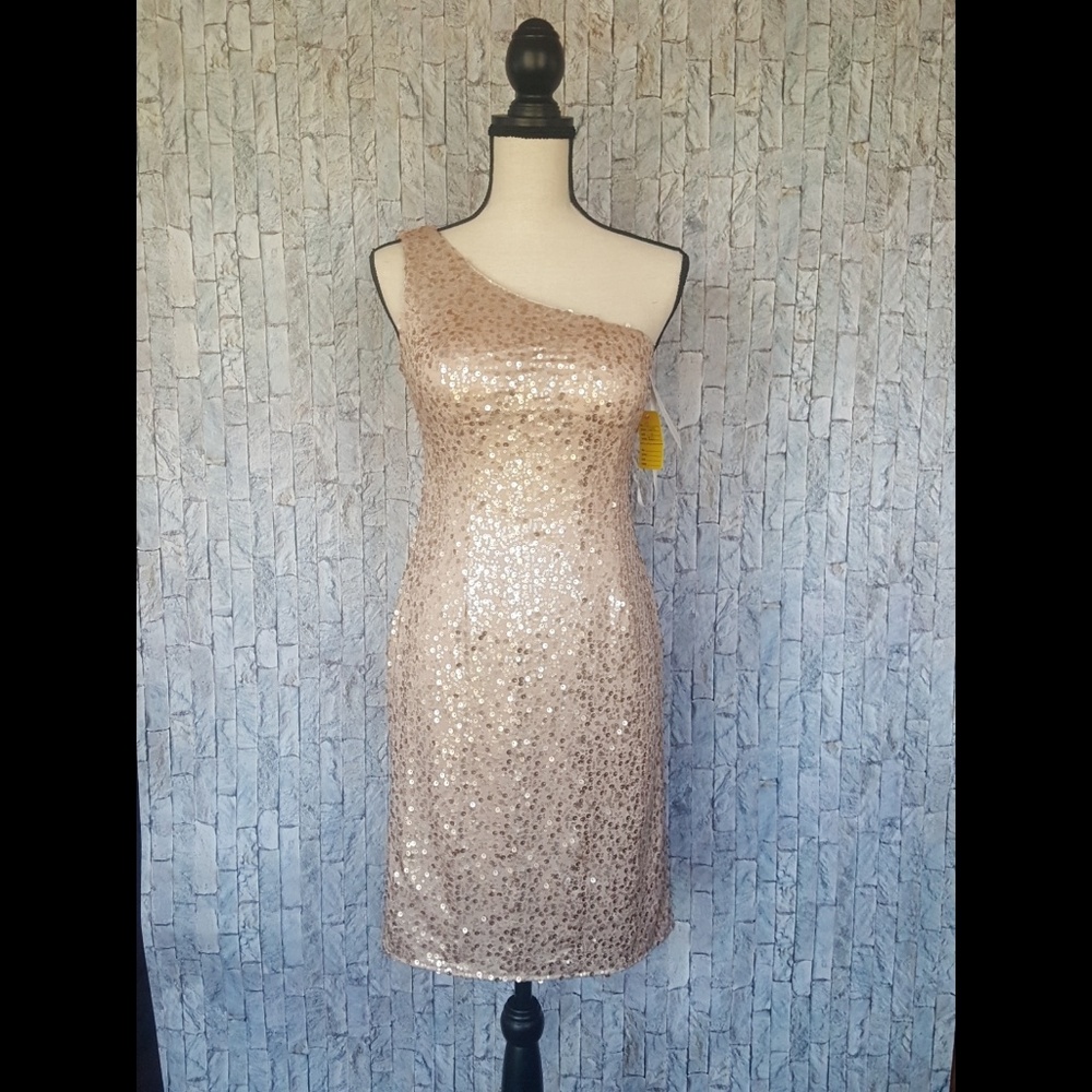 Ada James Champagne One Shoulder Sequin Dress